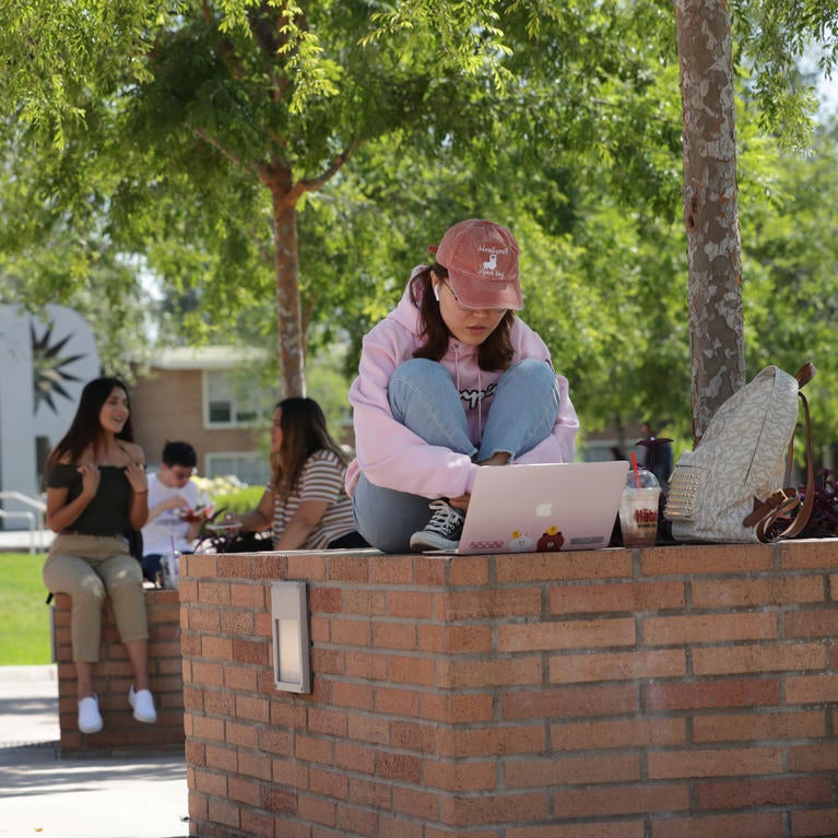 Student sitting on a brick ledge in front of her laptop, outside by the UCR statue