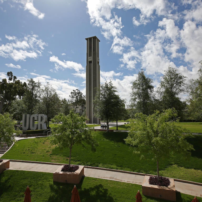 Empty UCR Campus - view of the Belltower from the HUB