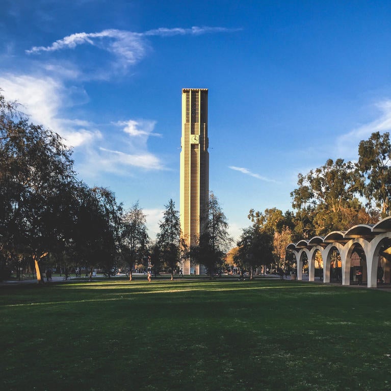 UCR Bell Tower and Green in front of Rivera Library