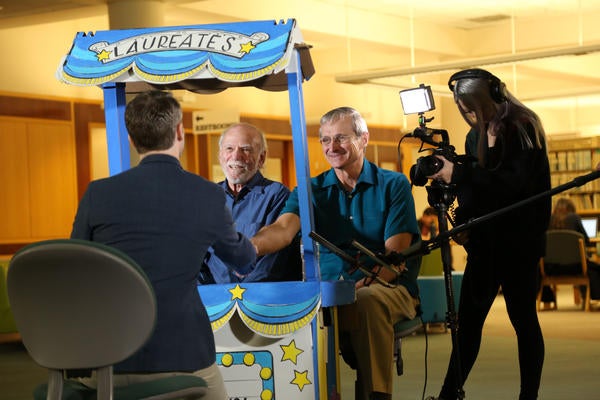 Two Nobel Laureates doing an interview at UCR