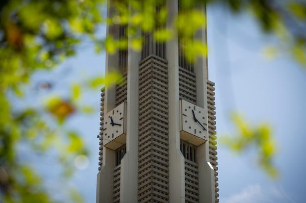 UCR Bell Clock Tower, framed in greenery