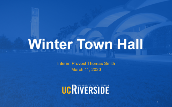 Winter Town Hall Presentation Cover Slide - Interim Provost Tom Smith, March 11th 2020