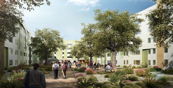 North District Rendering - Building Courtyard with students walking through