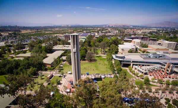 Aerial Image of UCR with the Belltower, hub and mountain-scape