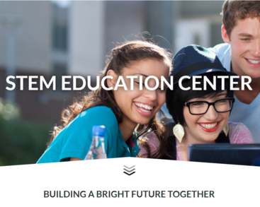 Stuents on laptop with text overtop reading "Stem Education Center" and "Building a Bright Future Together"