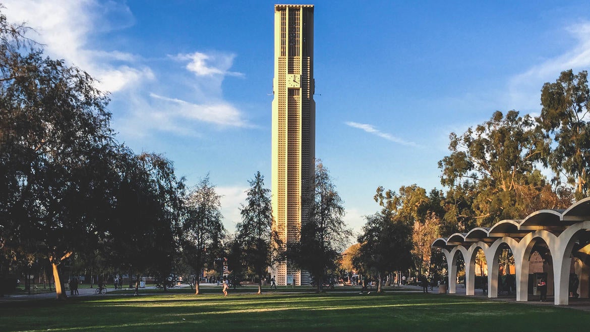 UCR Bell Tower and Green in front of Rivera Library