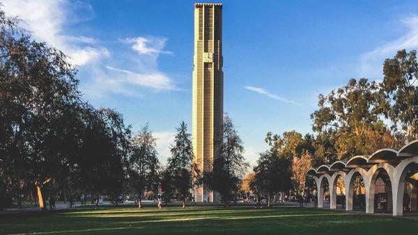 UCR Bell Tower and Green in front of Rivera Library