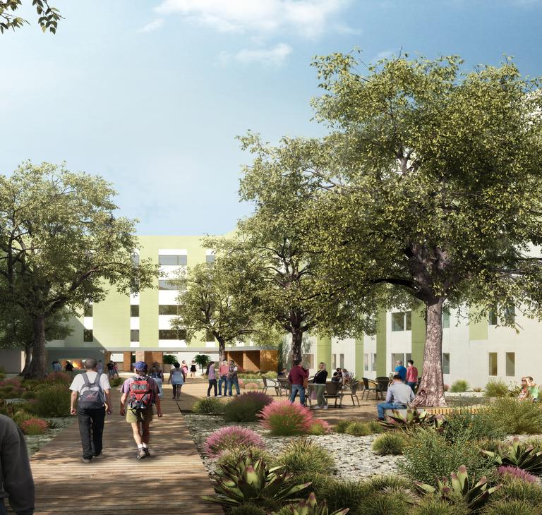 North District Rendering - Building Courtyard with students walking through
