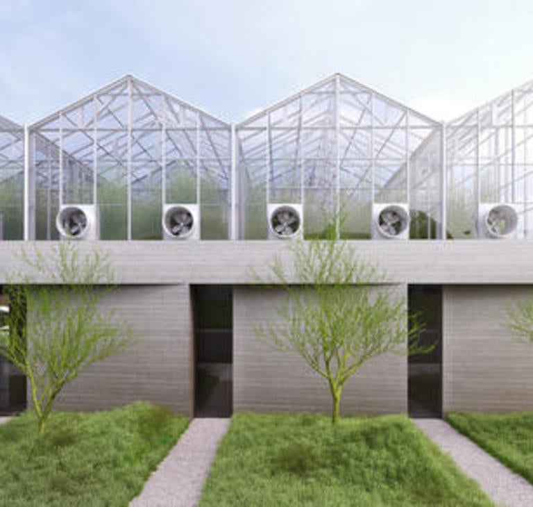 Rendering of Plant Growth Environment Facility; top half resembling a glass greenhouse